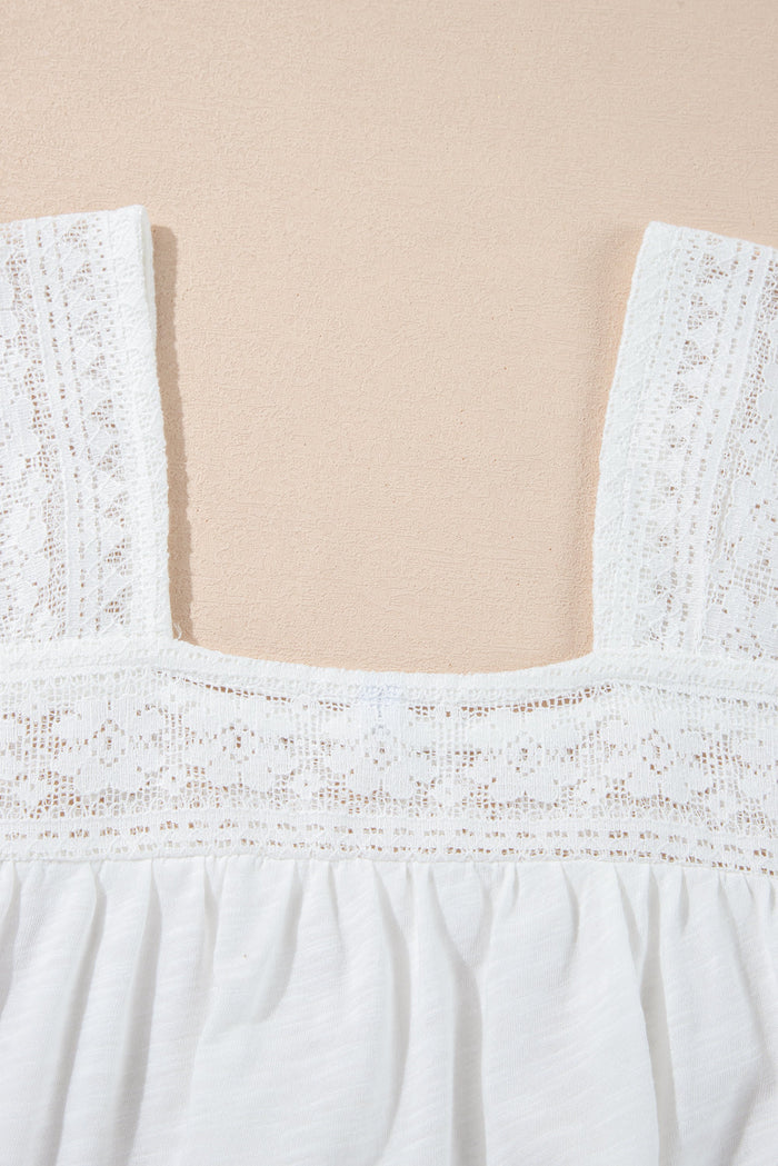 White Hollowed Lace Patchwork Square Neck Short Sleeve Blouse - Tops/Blouses & Shirts