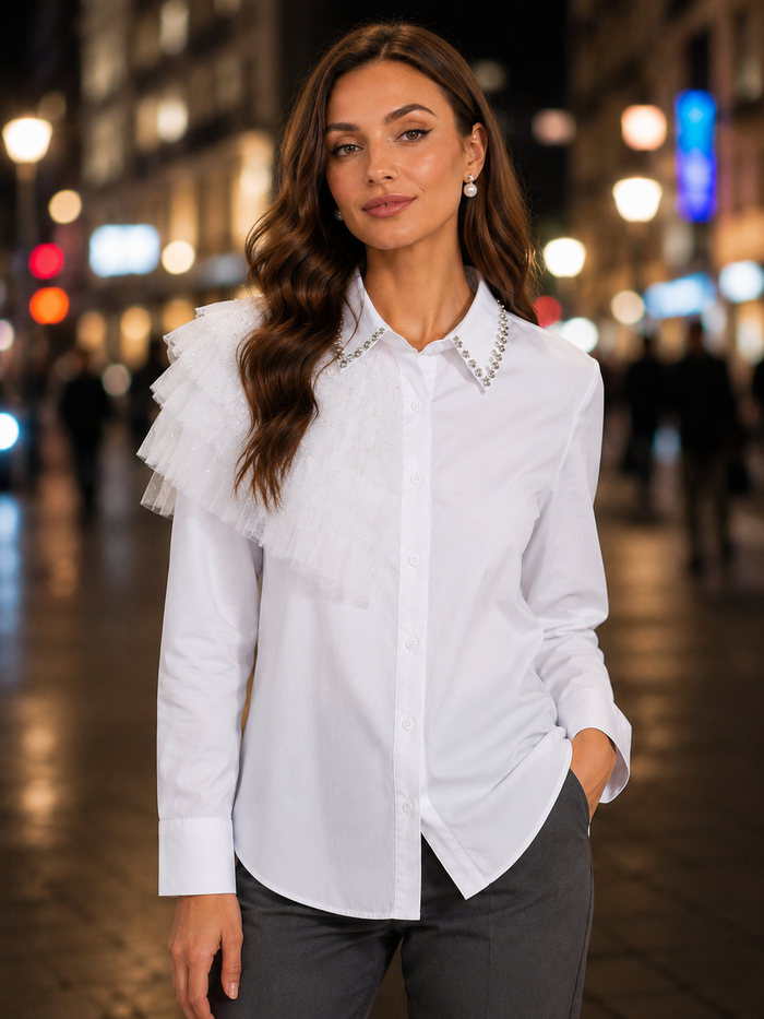 White Lace Embellished Long Sleeve Top - Born To Glam
