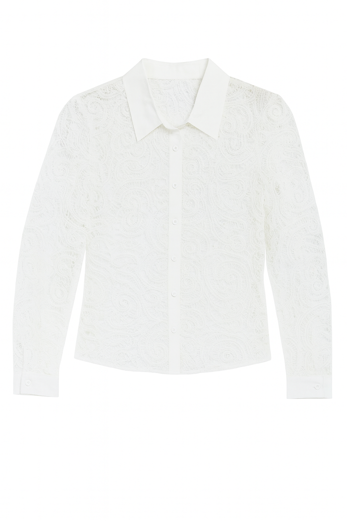 White lace button-front top with a collared neckline, sheer long sleeves, and intricate allover lace detail.