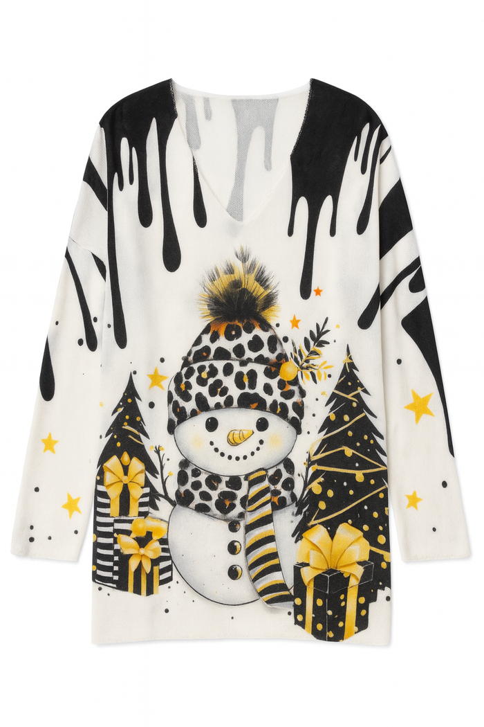 White long sleeve V-neck top with a leopard print snowman graphic and black and gold holiday accents.