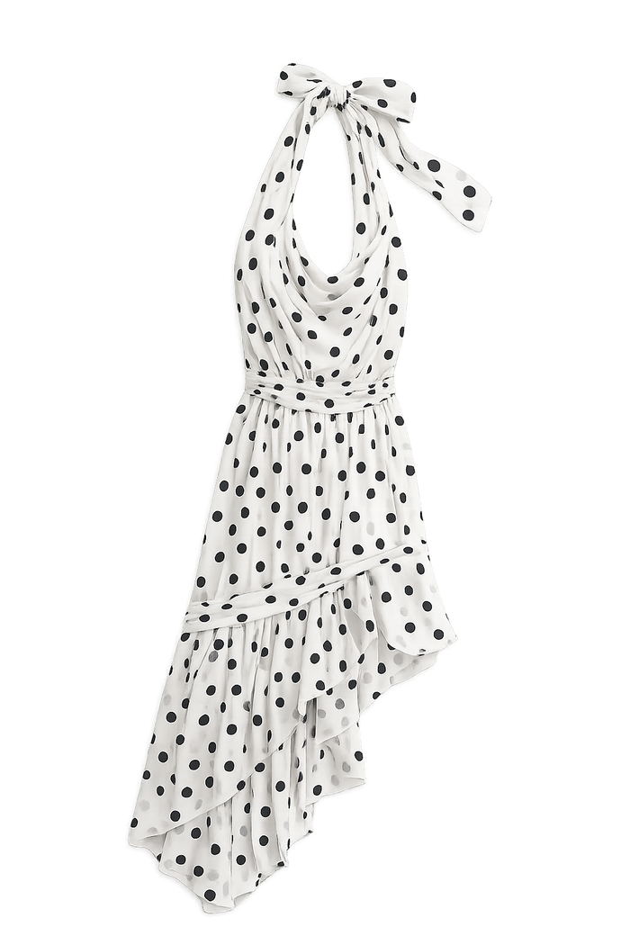 White Polka Dot Tie-Front Assymetrical Dress - Born To Glam