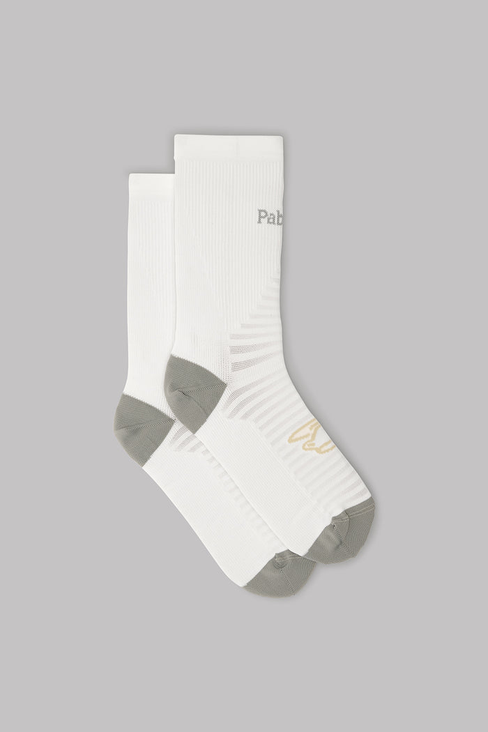 White socks with gray accents on a gray background