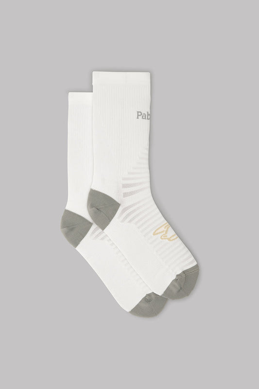 White socks with gray accents on a gray background