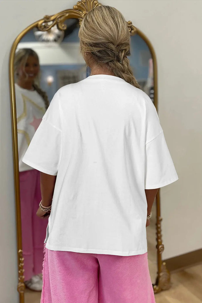 White Star Layered Patched Graphic Drop Shoulder Half Sleeve Loose Tee - Tops/Tops & Tees