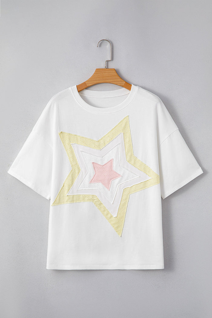White Star Layered Patched Graphic Drop Shoulder Half Sleeve Loose Tee - Tops/Tops & Tees