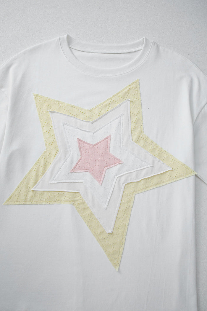 White Star Layered Patched Graphic Drop Shoulder Half Sleeve Loose Tee - Tops/Tops & Tees