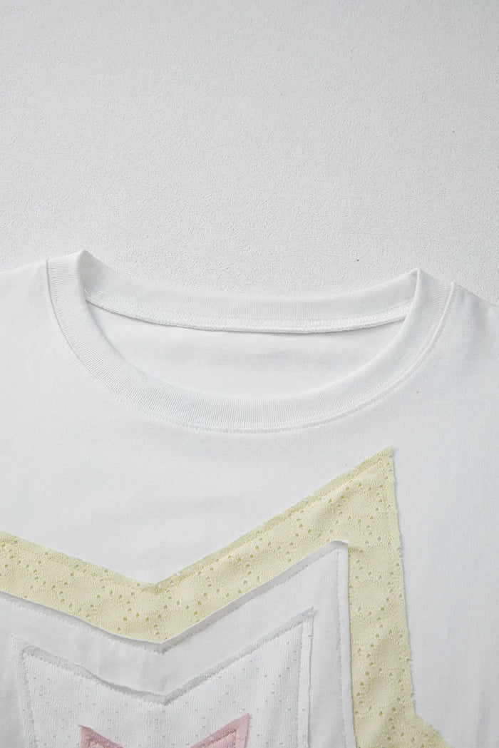 White Star Layered Patched Graphic Drop Shoulder Half Sleeve Loose Tee - Tops/Tops & Tees