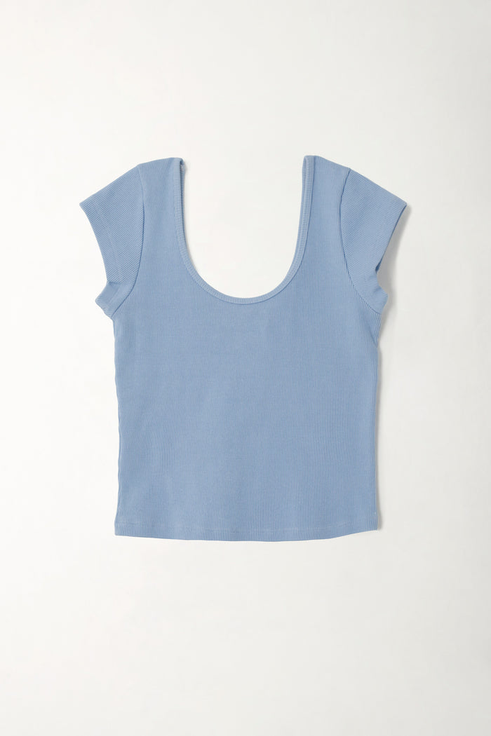 Women's Fitted Ribbed Blue T-Shirt
