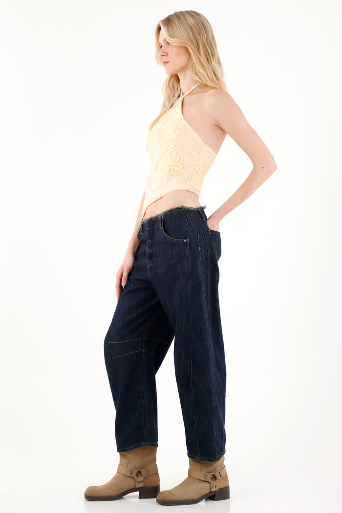Women's Jean in Dark Blue Denim, Loose Fit with Frayed Waist