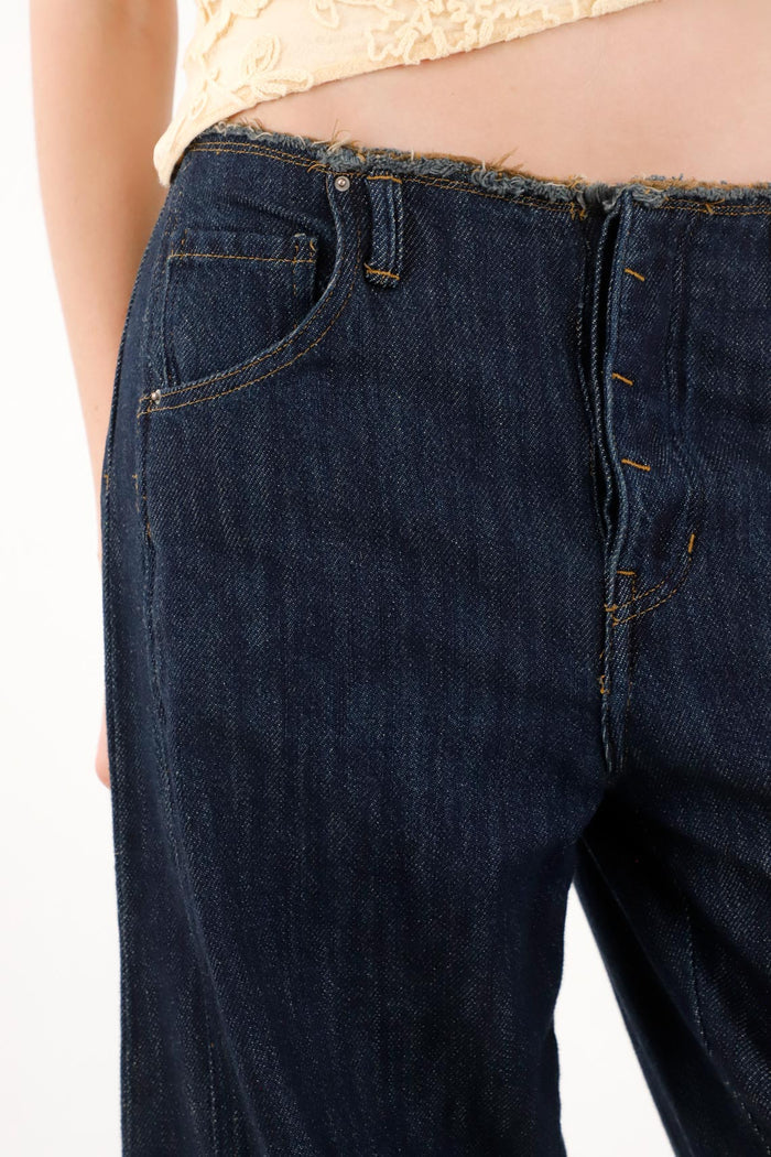 Women's Jean in Dark Blue Denim, Loose Fit with Frayed Waist