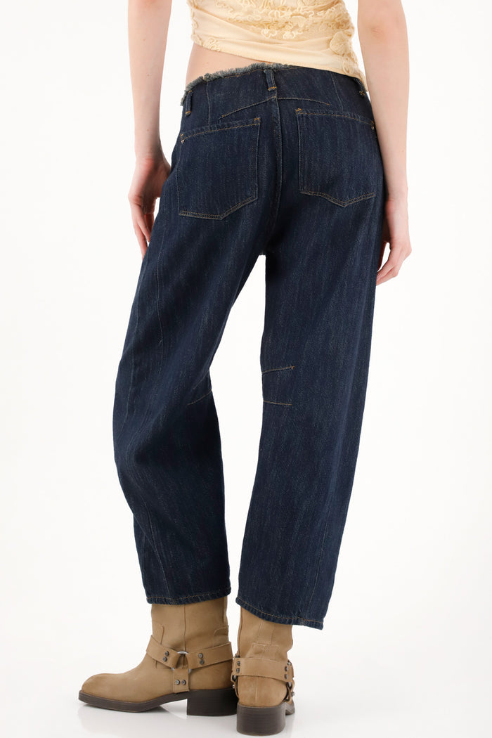 Women's Jean in Dark Blue Denim, Loose Fit with Frayed Waist