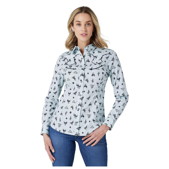 Women's Retro Western Snap Shirt in Blue Print