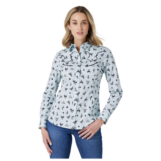 Women's Retro Western Snap Shirt in Blue Print
