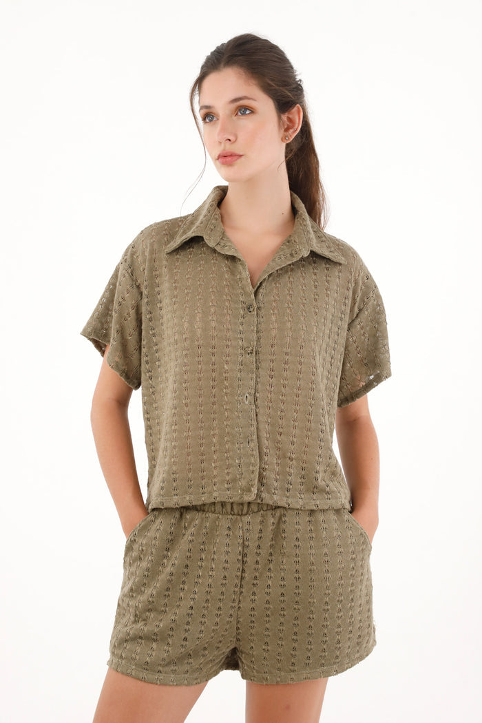 Women's Short Sleeve Woven Green Shirt