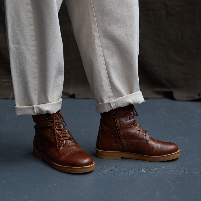 Women's Wool Lined Lace-up Boots w/Zipper - Cognac