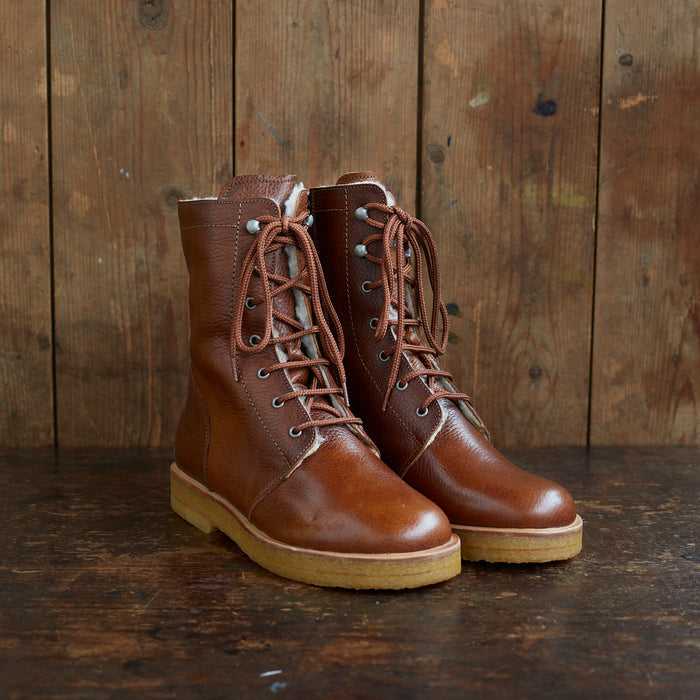 Women's Wool Lined Lace-up Boots w/Zipper - Cognac
