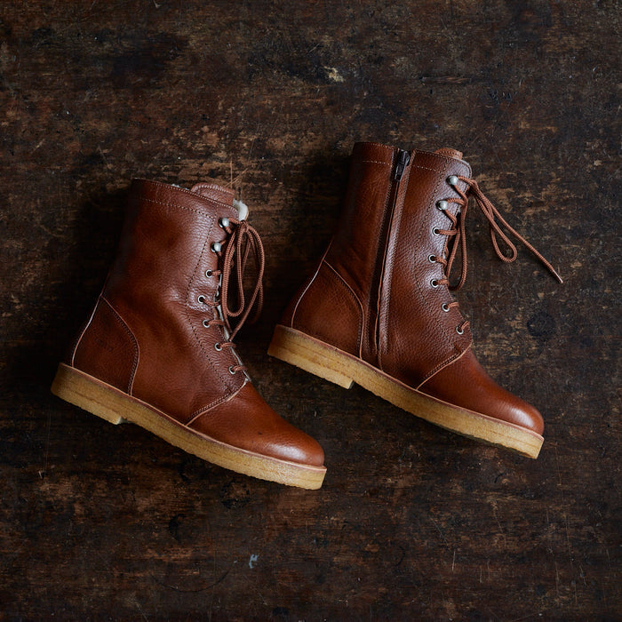 Women's Wool Lined Lace-up Boots w/Zipper - Cognac