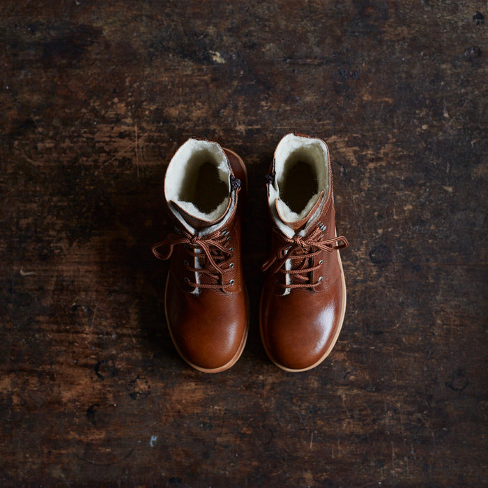 Women's Wool Lined Lace-up Boots w/Zipper - Cognac
