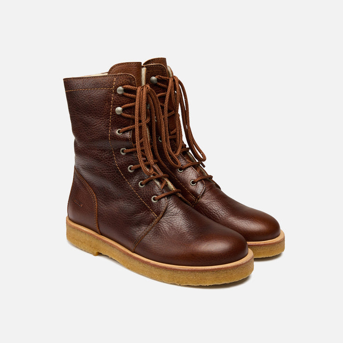 Women's Wool Lined Lace-up Boots w/Zipper - Cognac