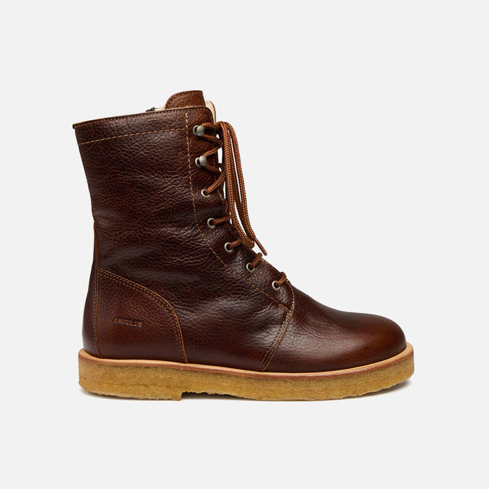 Women's Wool Lined Lace-up Boots w/Zipper - Cognac