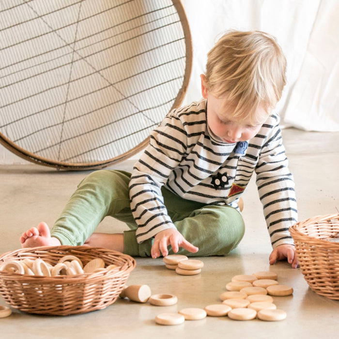 Wooden Natural Nins, Rings & Coins - 48 Pieces