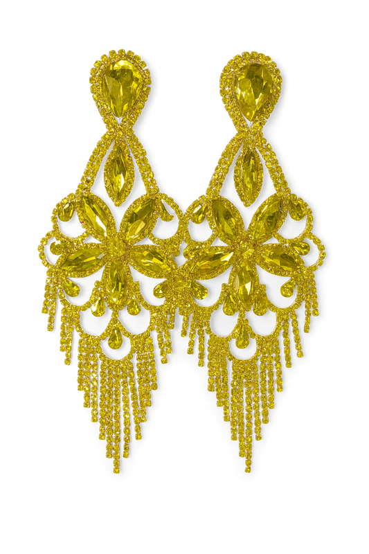 Yellow crystal chandelier drop earrings with faceted stones, teardrop accents, and cascading fringe details.