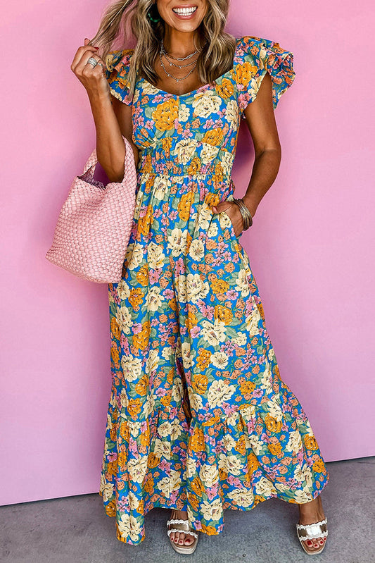 Yellow Floral Allover Print Shirred Cut Out High Waist Jumpsuit - YELLOW / S / 81% VISCOSE + 19% POLYAMIDE