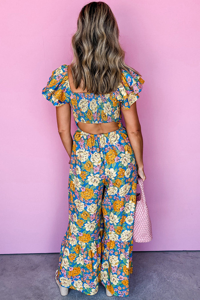 Yellow Floral Allover Print Shirred Cut Out High Waist Jumpsuit - Bottoms/Jumpsuits & Rompers