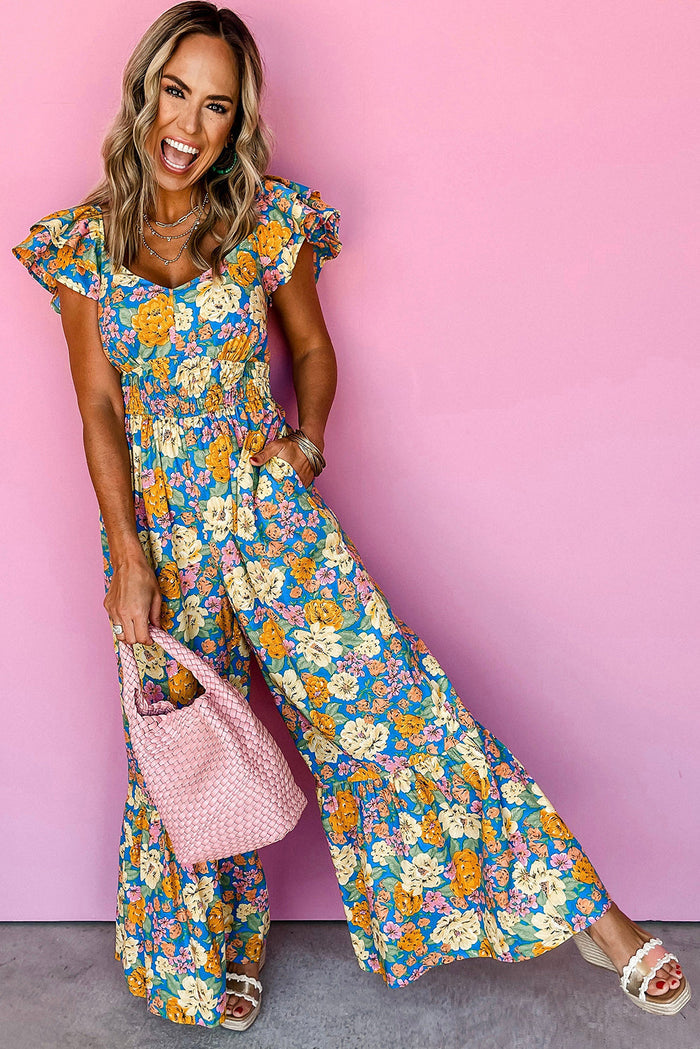 Yellow Floral Allover Print Shirred Cut Out High Waist Jumpsuit - Bottoms/Jumpsuits & Rompers