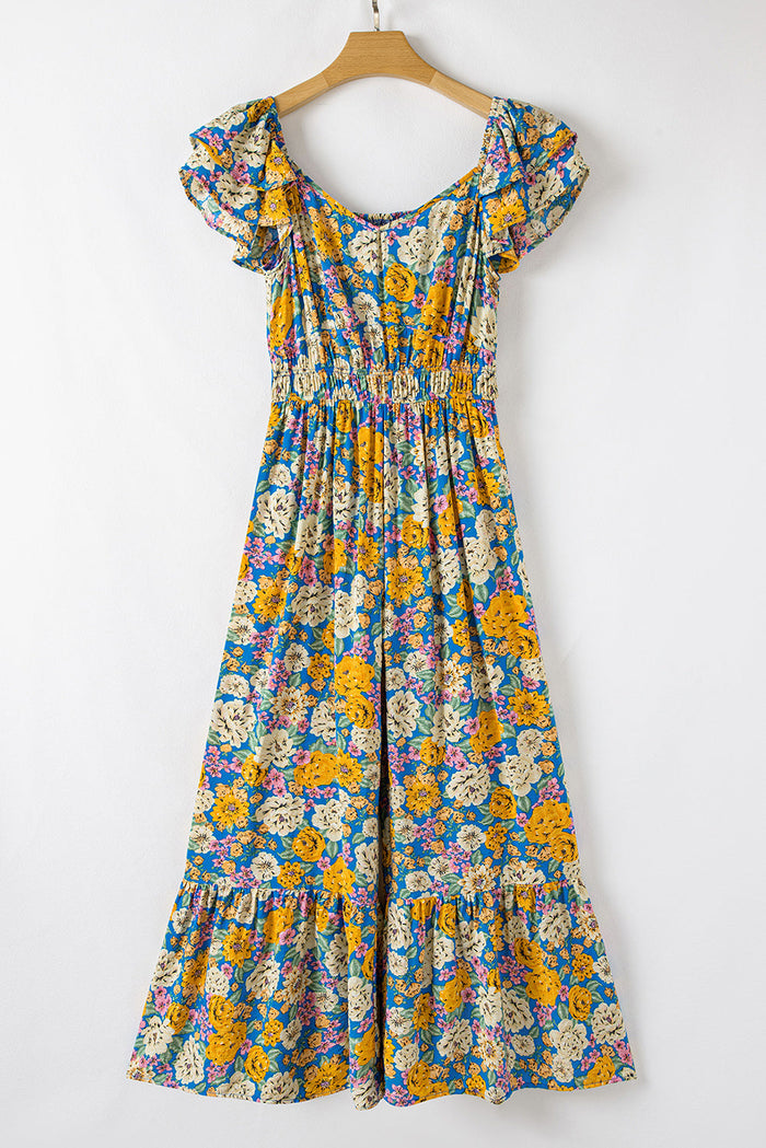 Yellow Floral Allover Print Shirred Cut Out High Waist Jumpsuit - Bottoms/Jumpsuits & Rompers