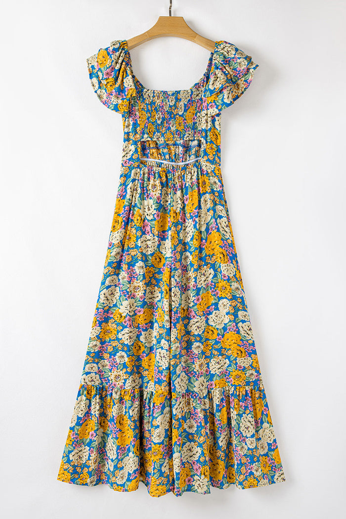 Yellow Floral Allover Print Shirred Cut Out High Waist Jumpsuit - Bottoms/Jumpsuits & Rompers