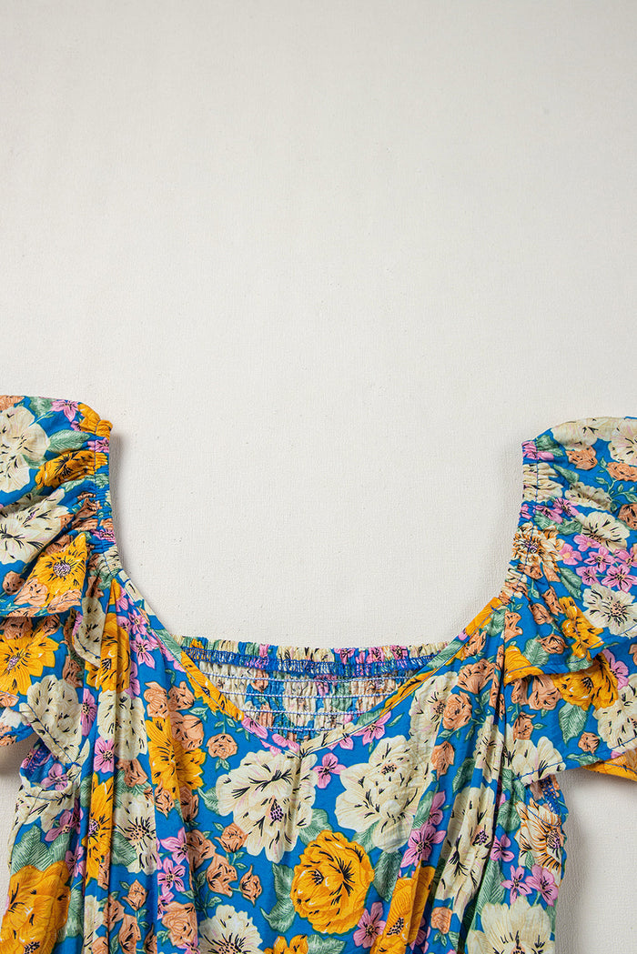 Yellow Floral Allover Print Shirred Cut Out High Waist Jumpsuit - Bottoms/Jumpsuits & Rompers