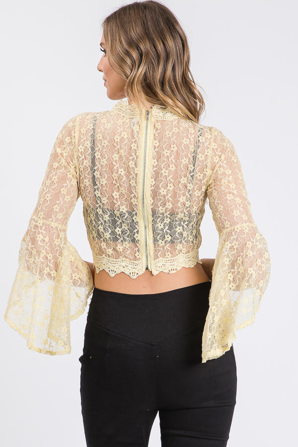 Yellow Lace Ruffle Sleeve Crop Top - Born To Glam