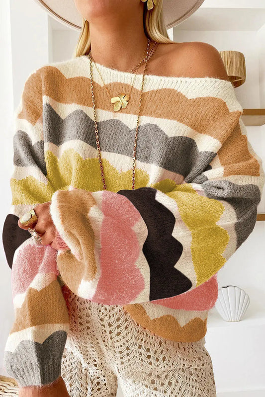 Yellow Wave Striped Balloon Sleeve Drop Shoulder Sweater - YELLOW / S / 42% ACRYLIC + 30% POLYESTER + 28% POLYAMIDE
