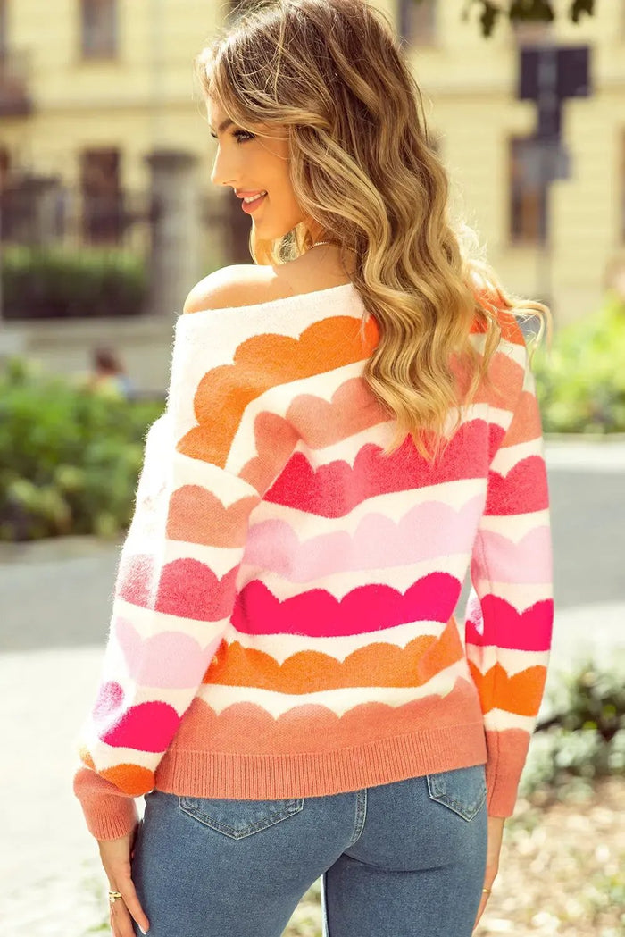Yellow Wave Striped Balloon Sleeve Drop Shoulder Sweater - Sweaters & Cardigans/Sweaters