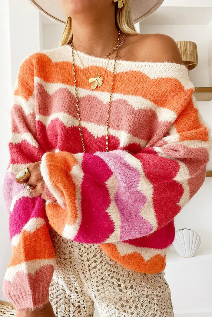 Yellow Wave Striped Balloon Sleeve Drop Shoulder Sweater - Sweaters & Cardigans/Sweaters