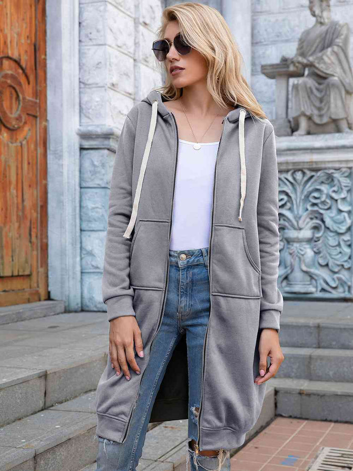 Zip-Up Longline Hoodie with Pockets - Madikfashions.com