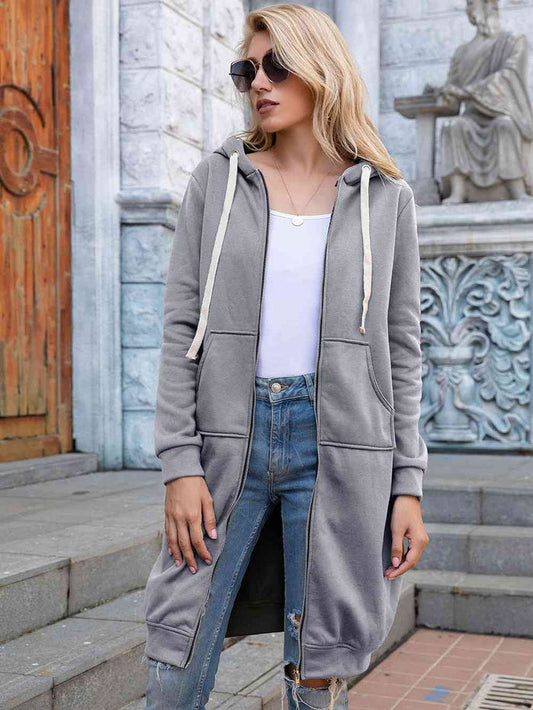 Zip-Up Longline Hoodie with Pockets - Madikfashions.com