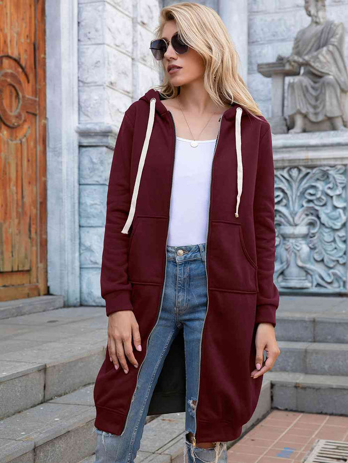 Zip-Up Longline Hoodie with Pockets - Madikfashions.com