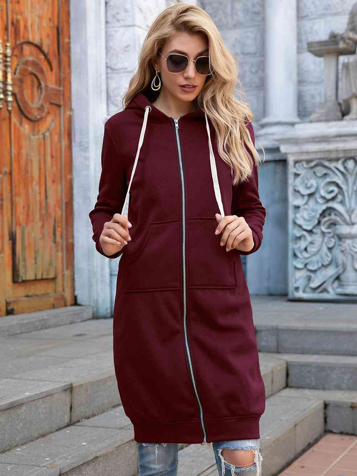 Zip-Up Longline Hoodie with Pockets - Madikfashions.com