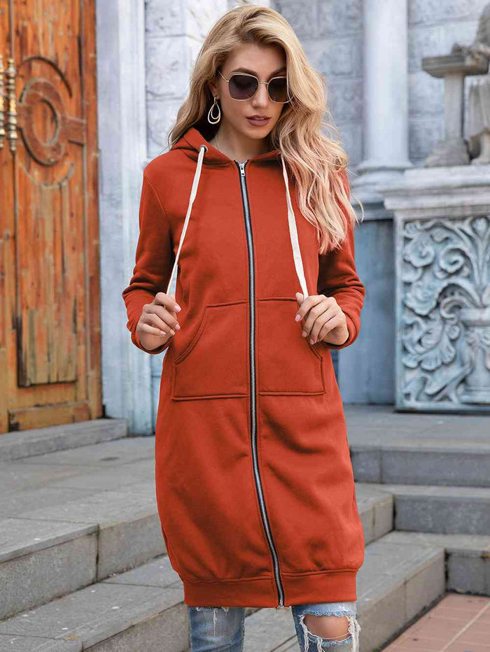 Zip-Up Longline Hoodie with Pockets - Madikfashions.com
